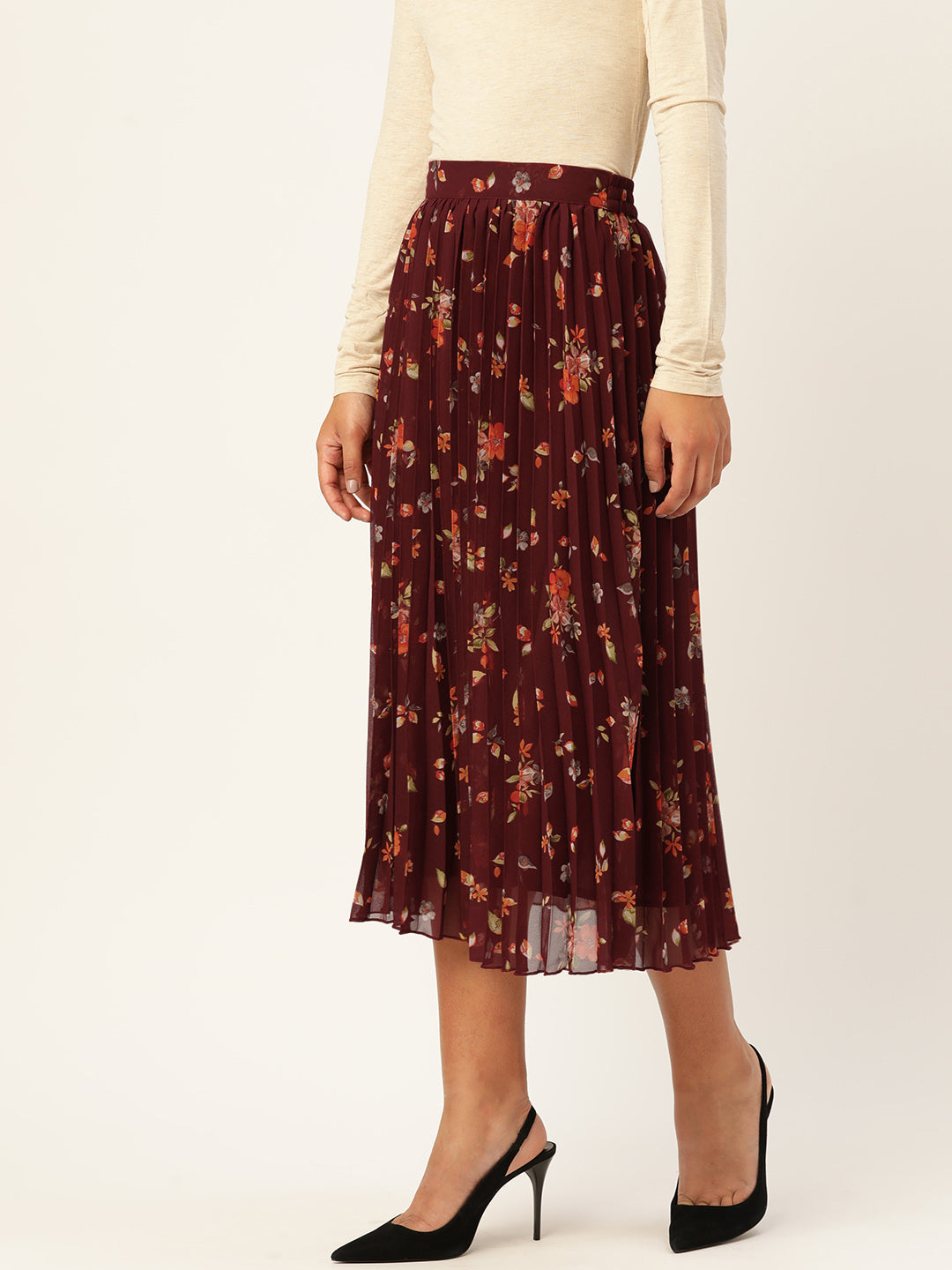 Maroon Floral Printed Accordion Pleated Midi Skirt