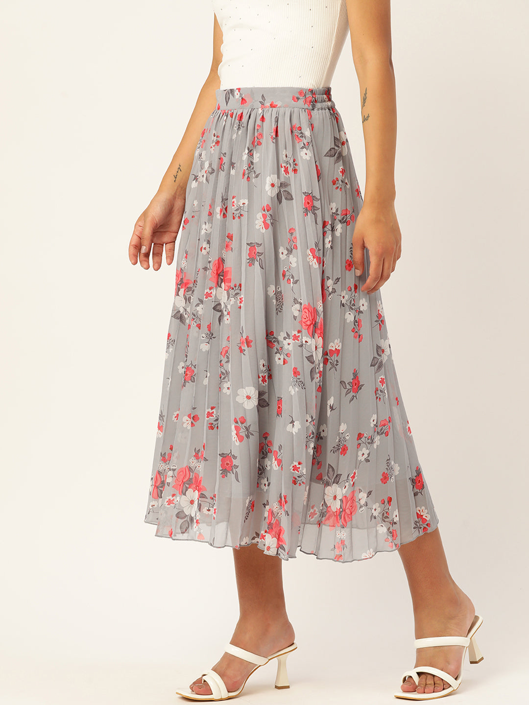 Floral Printed Accordion Pleated Midi Skirt