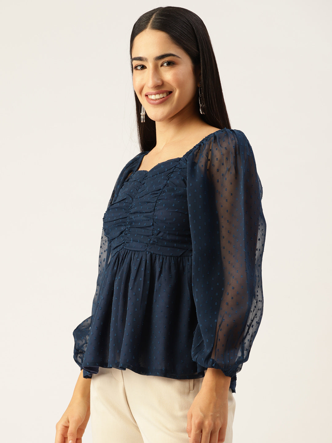 Navy Blue Sweetheart Neck Georgette Peplum Top