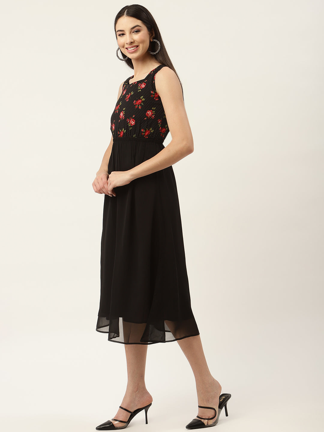 Black & Red Floral Georgette Midi Dress