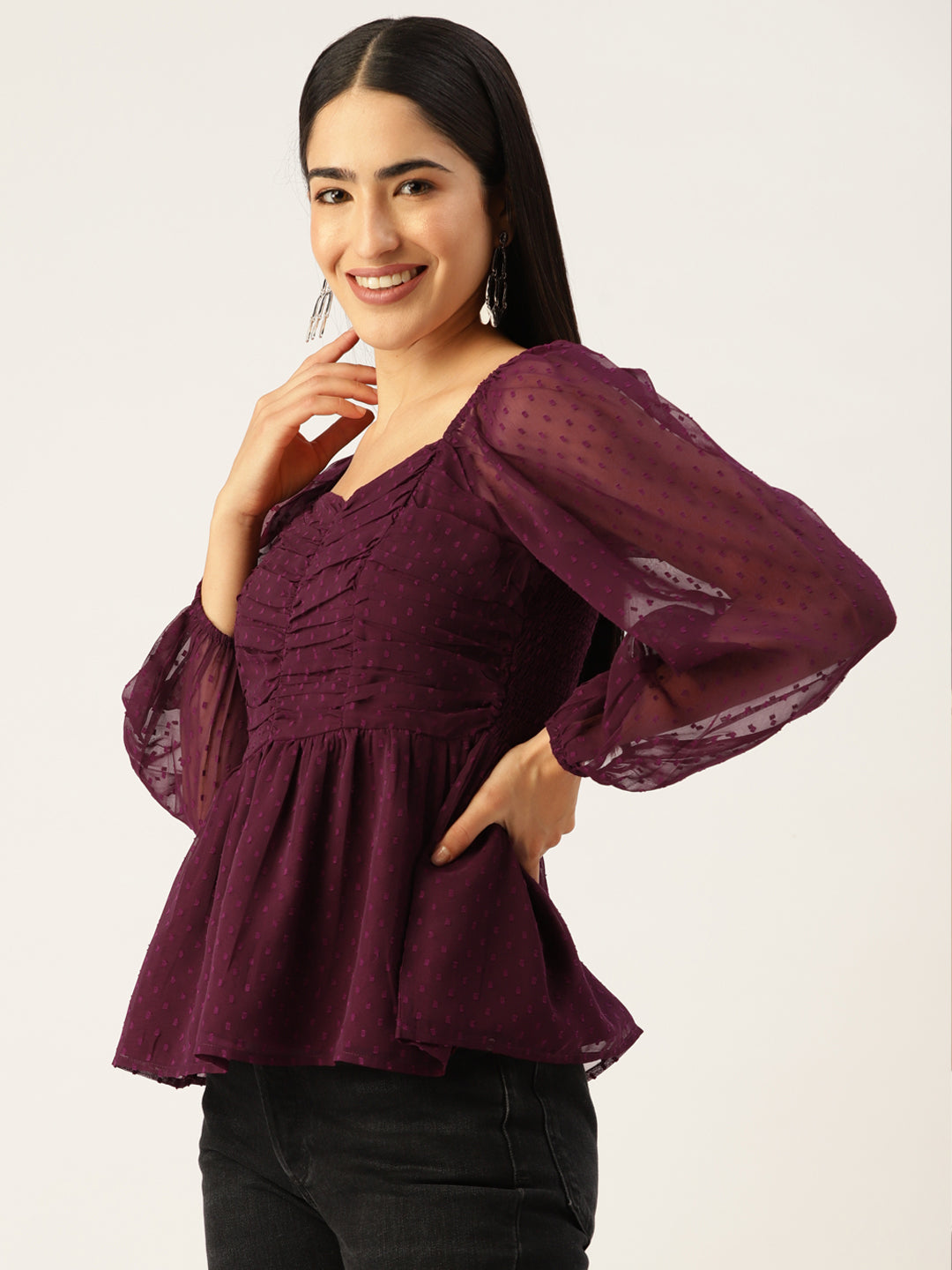 Purple Sweetheart Neck Georgette Peplum Top