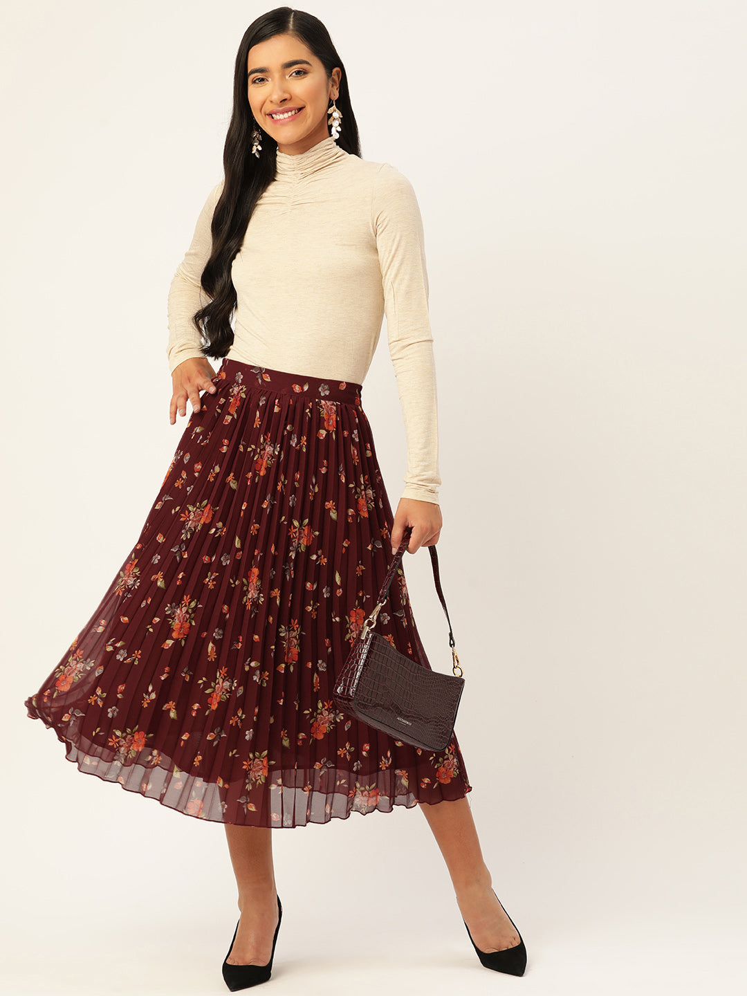 Maroon Floral Printed Accordion Pleated Midi Skirt