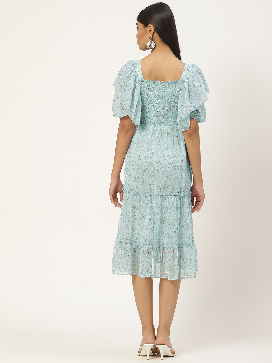 Women Brown Smocked & Floral Georgette A-Line Midi Dress (Pack Of 2)