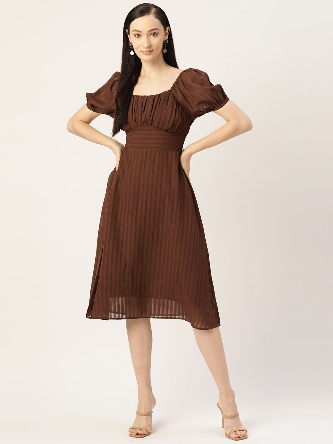 Women Brown Smocked & Floral Georgette A-Line Midi Dress (Pack Of 2)