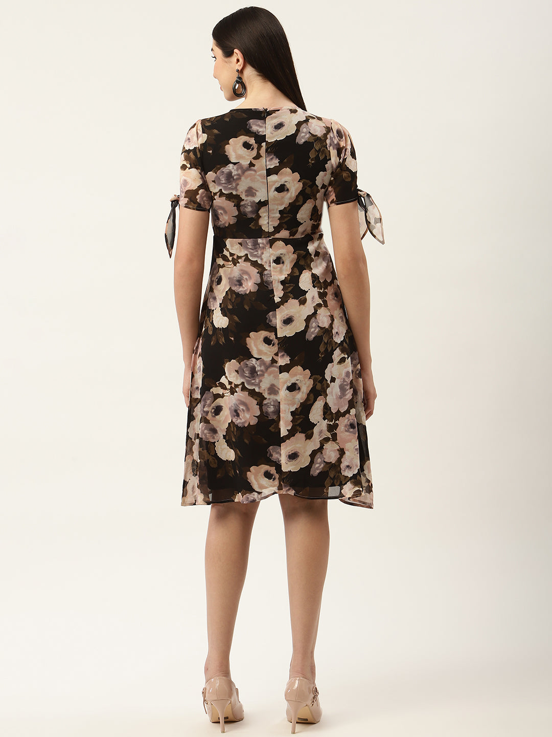 Black & Peach-Coloured Floral Georgette Dress