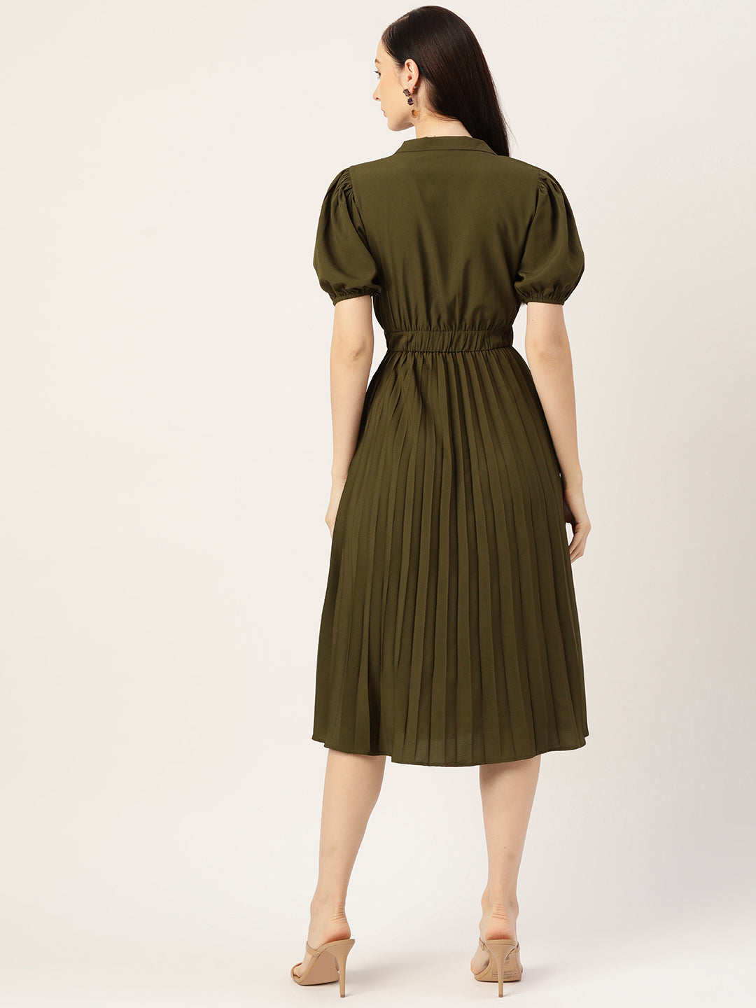 Women Olive Crepe Midi Dress.