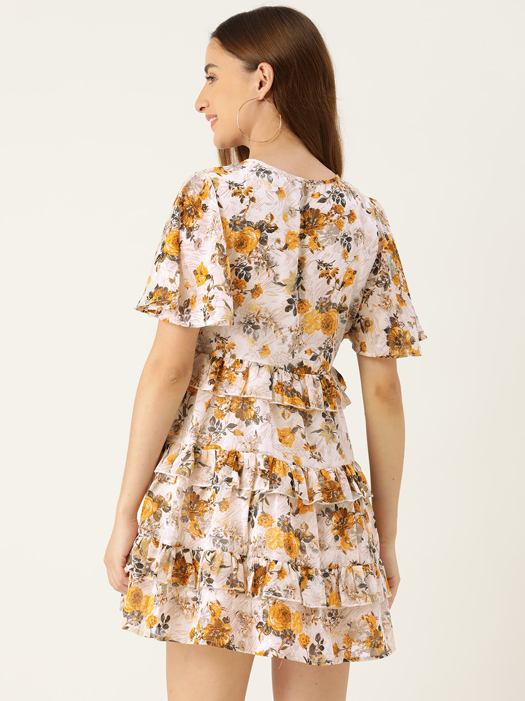 Slenor Floral Print Keyhole Neck Flared Sleeve Ruffled Georgette A-Line Dress