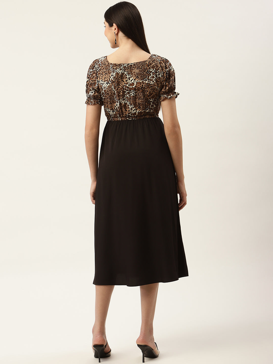 Black & Brown Animal Crepe A-Line Midi Dress