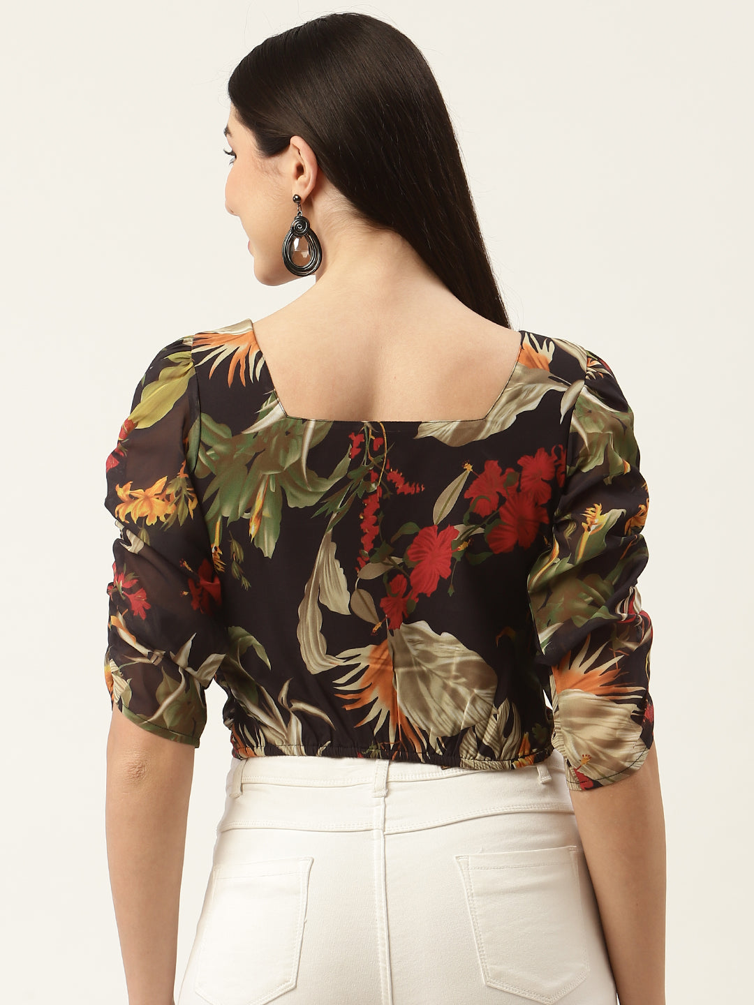 Black & Olive Green Floral Print Georgette Crop Top