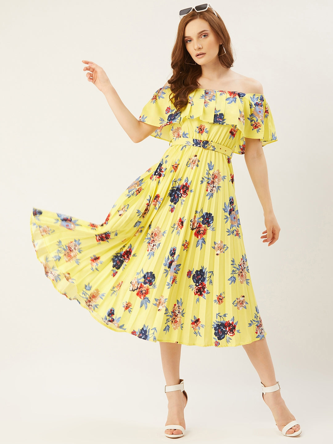 Women A-Line Off Shoulder Pleated Dress