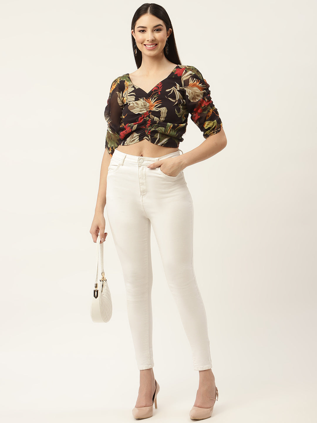 Black & Olive Green Floral Print Georgette Crop Top