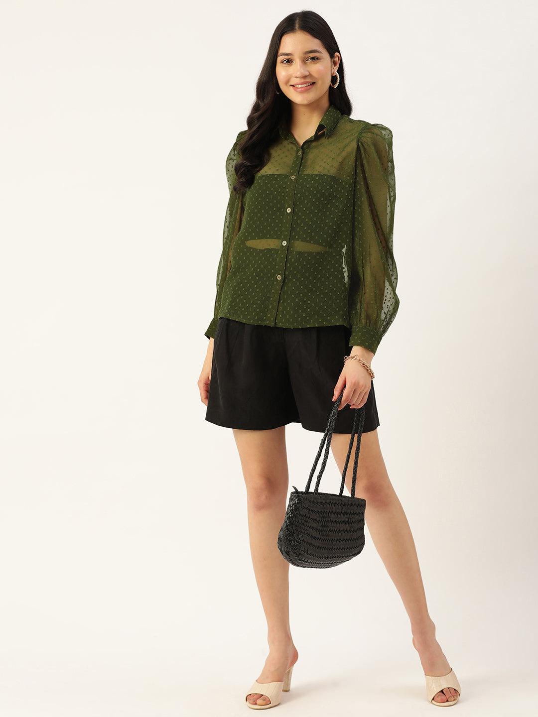 Olive Green Sheer Georgette Party Shirt