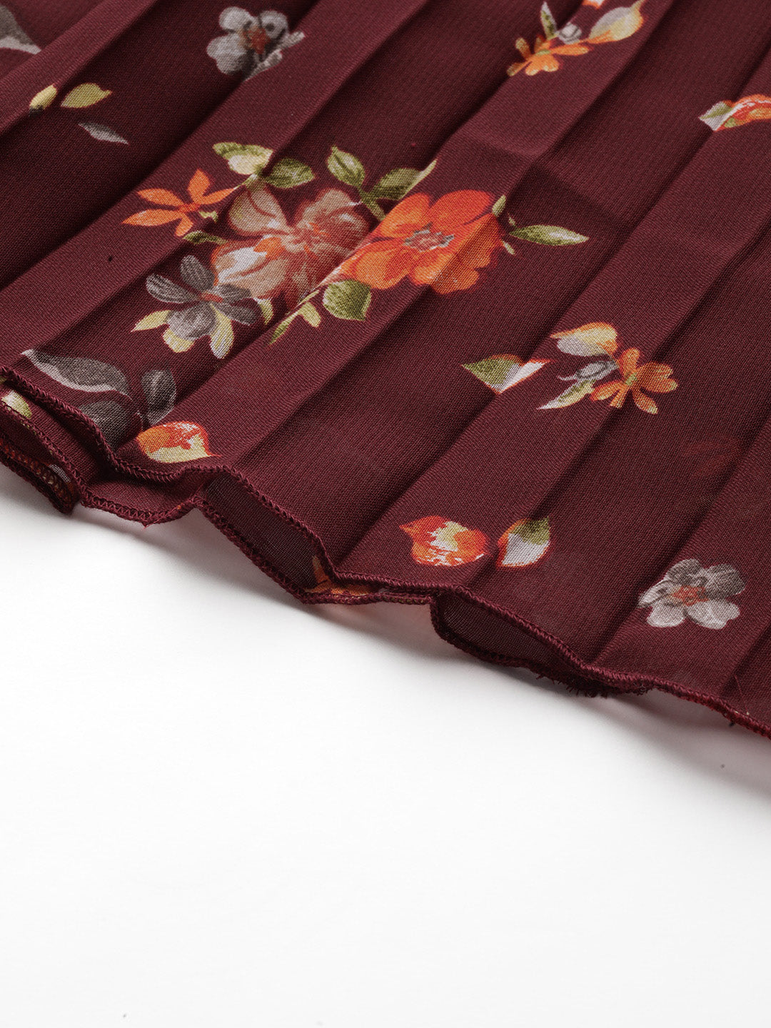 Maroon Floral Printed Accordion Pleated Midi Skirt