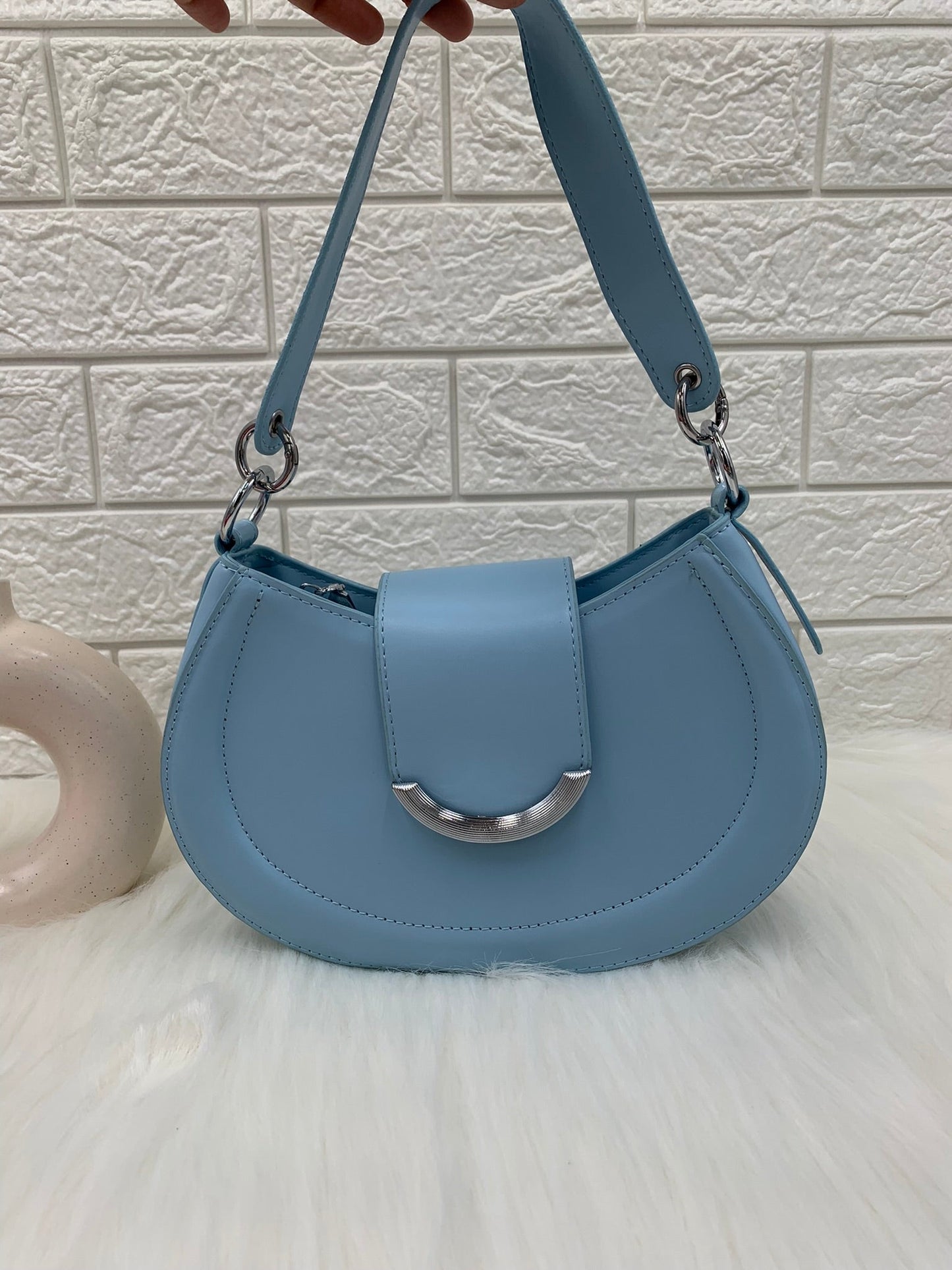 Sky Blue Solid Structured Handheld Bag with Detachable Sling Strap