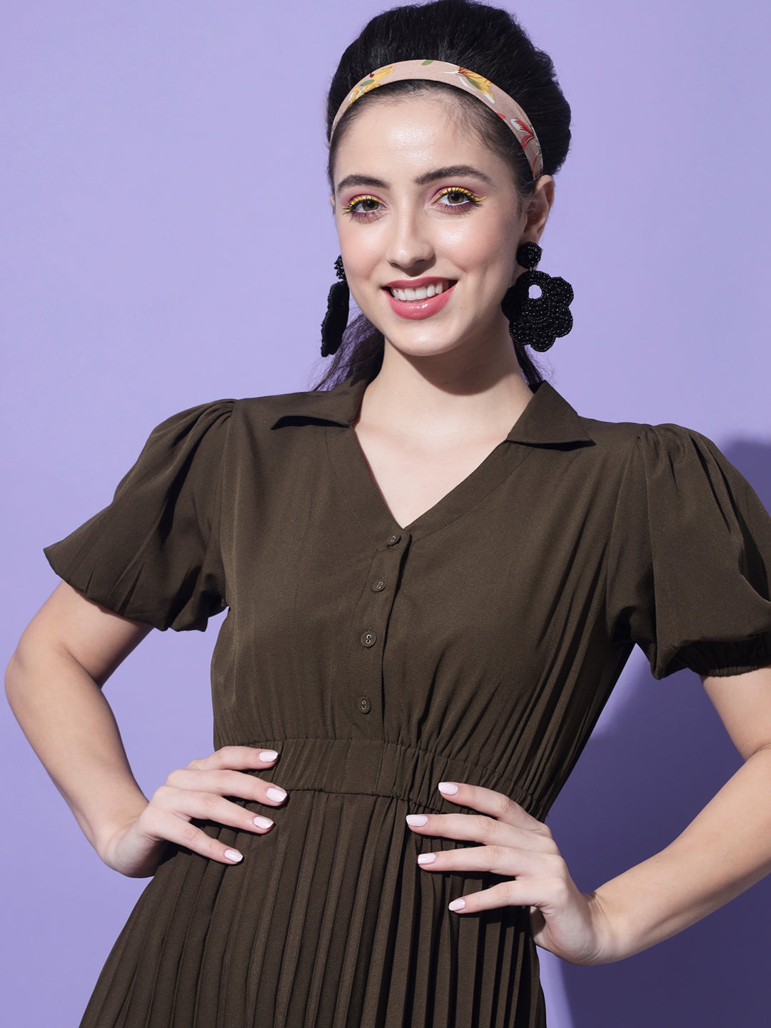 Women Olive Crepe Midi Dress