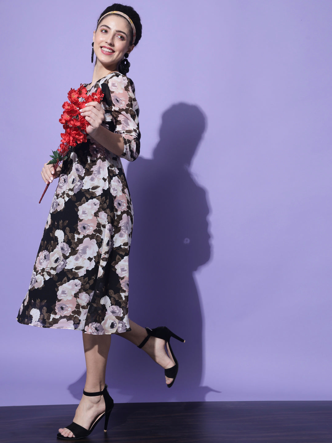 Black & White Floral Georgette Midi Dress