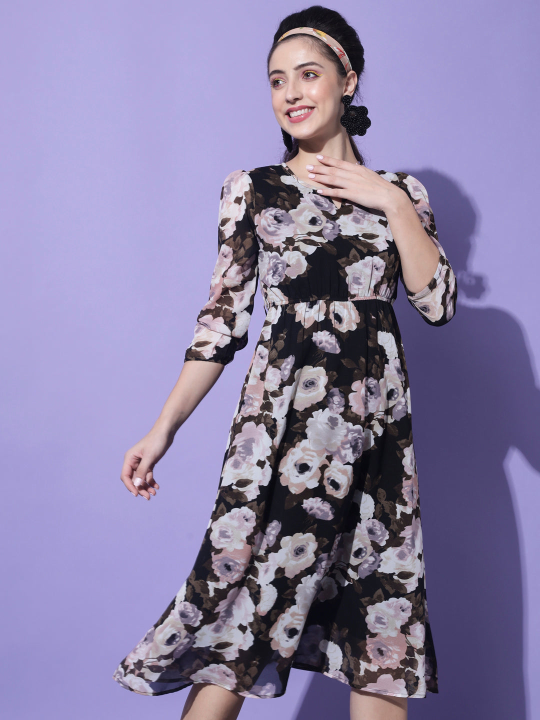 Black & White Floral Georgette Midi Dress