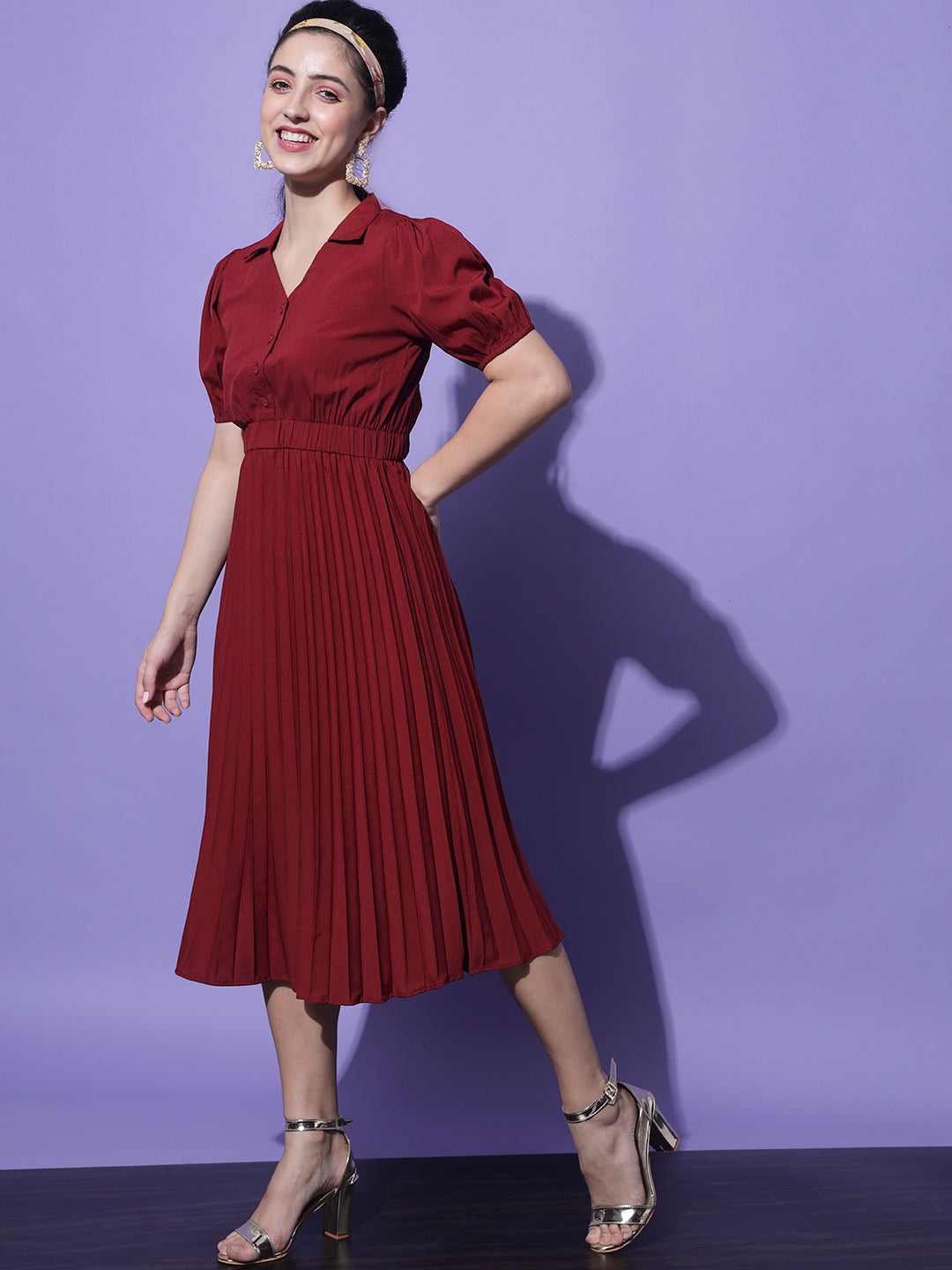 Women Maroon Crepe Midi Dress