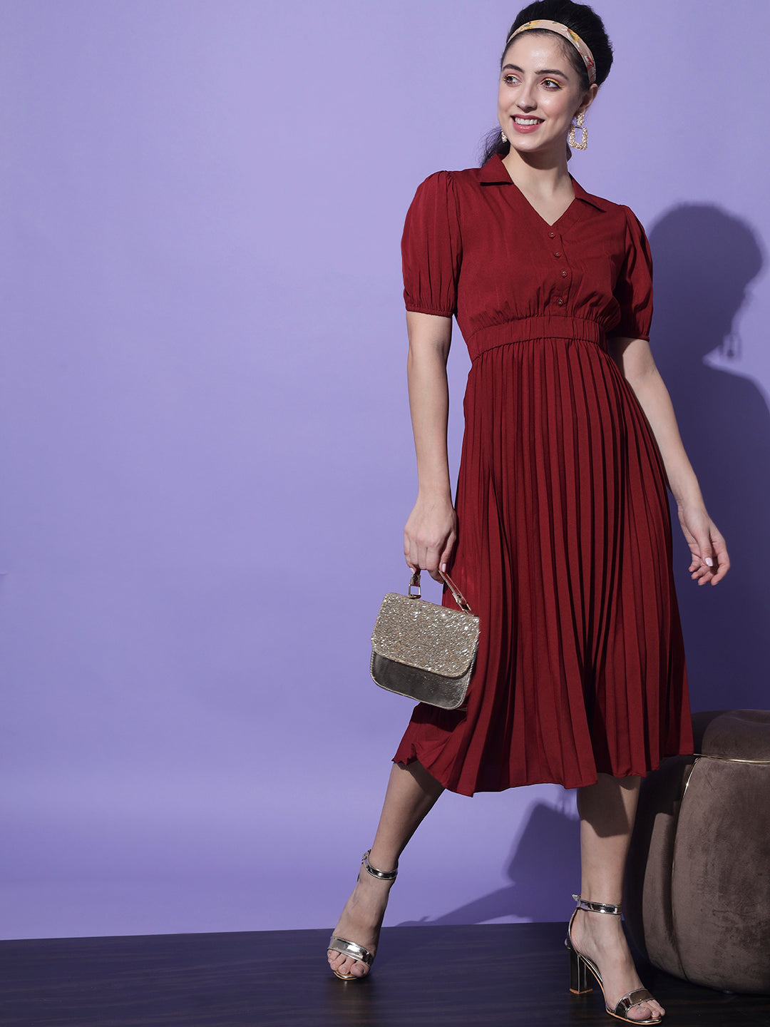 Women Maroon Crepe Midi Dress