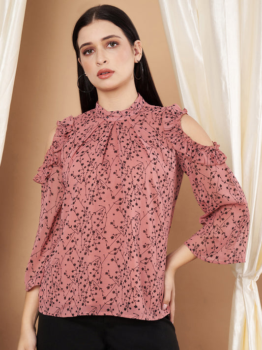 Women Cold Shoulder Sleeves Floral Print Pink Top