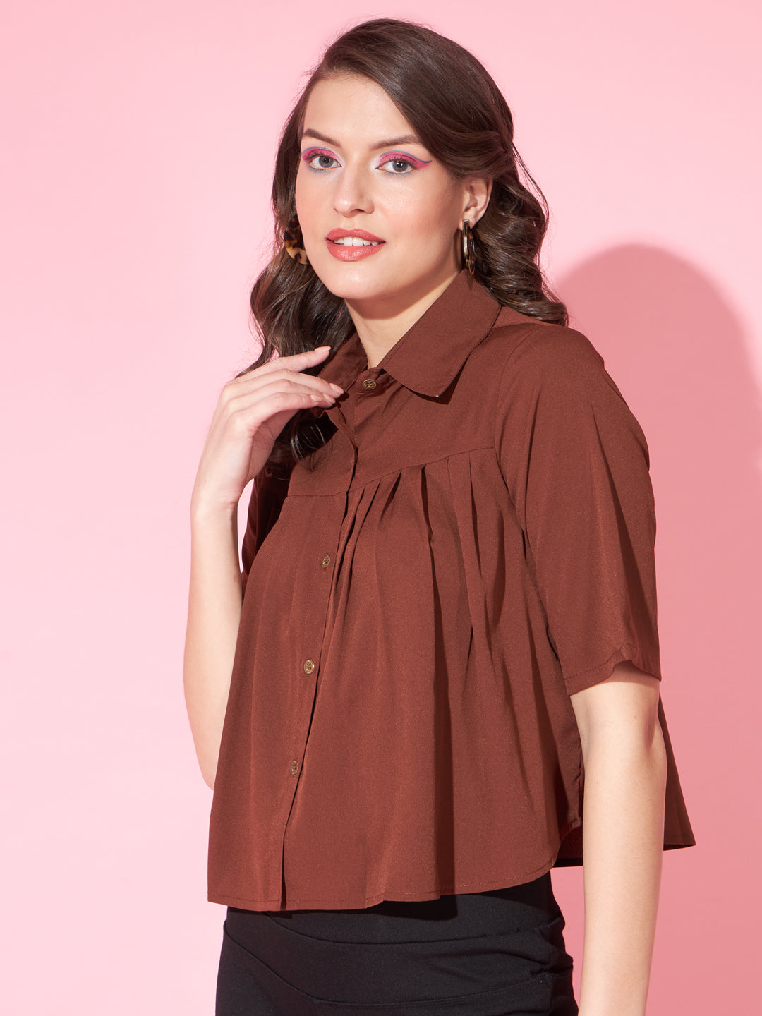 Slenor Women Solid Party Brown Shirt