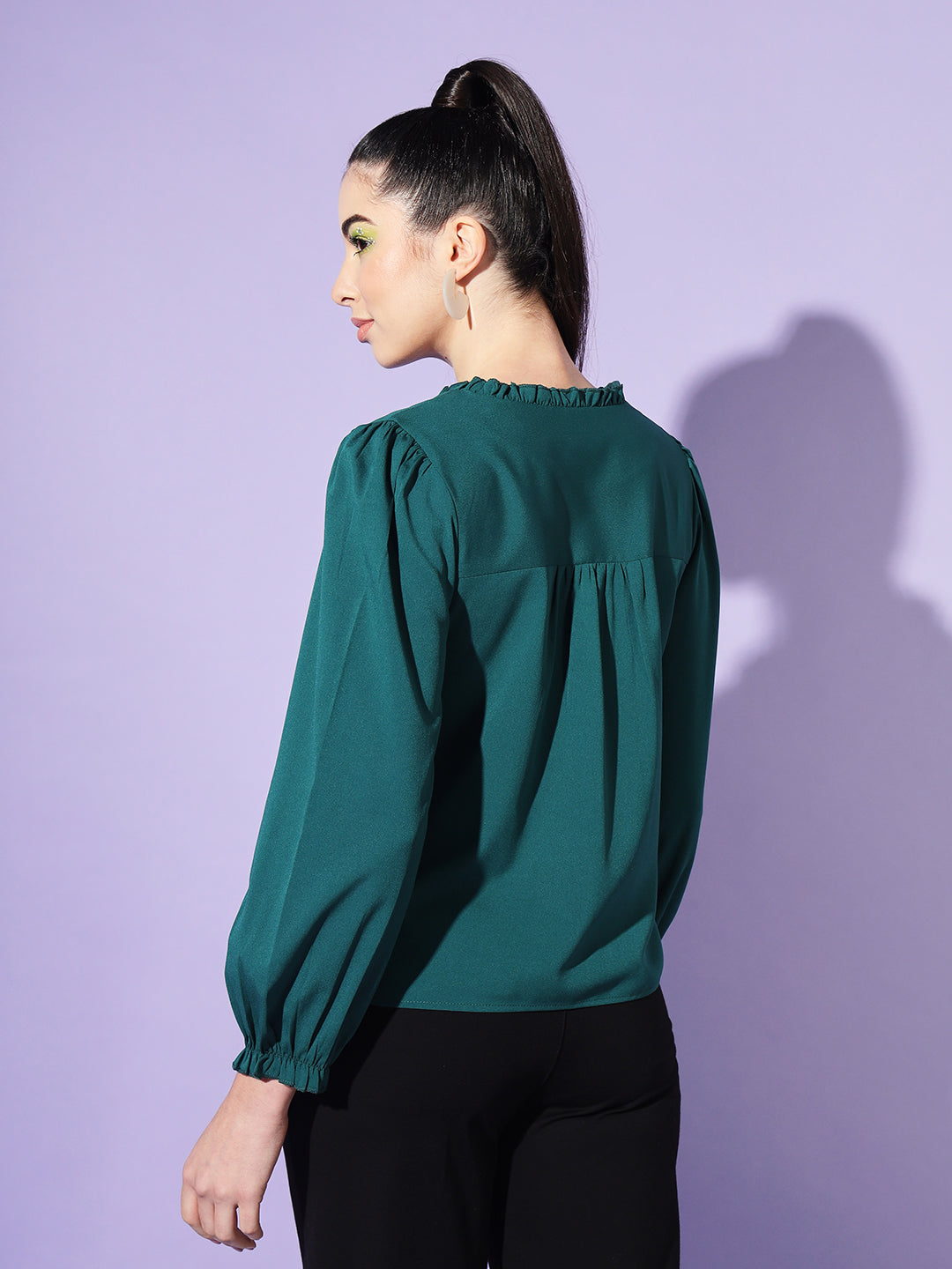 Women Teal Solid Puff Sleeves Shirt Style Top