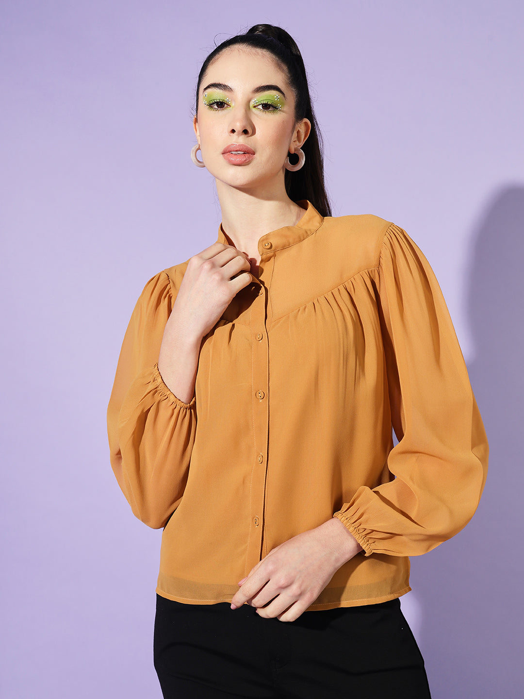 Women Yellow Solid Mandarin Collar Shirt Style Top