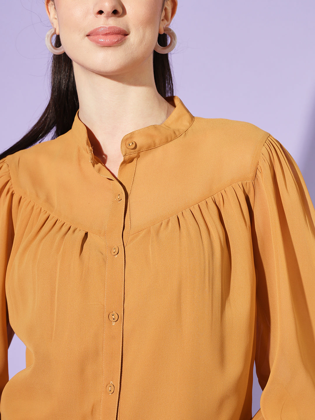 Women Yellow Solid Mandarin Collar Shirt Style Top