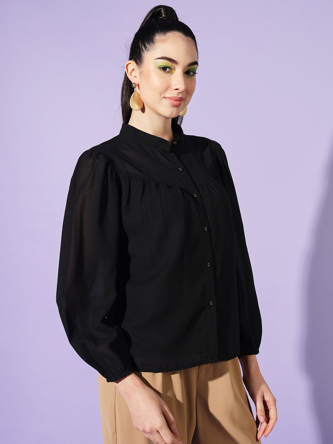 Women Black Solid Mandarin Collar Shirt Style Top