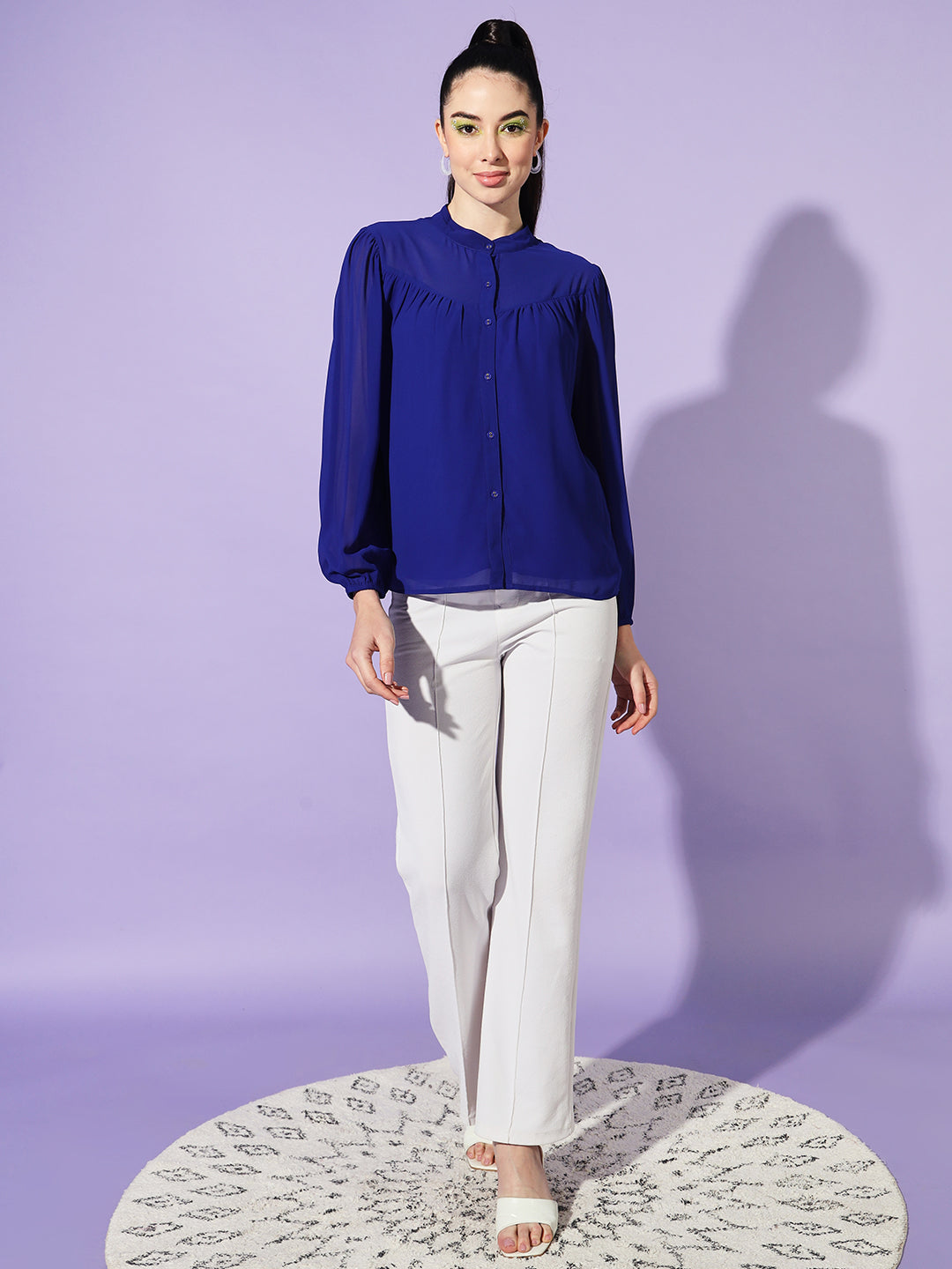 Women Blue Solid Mandarin Collar Shirt Style Top