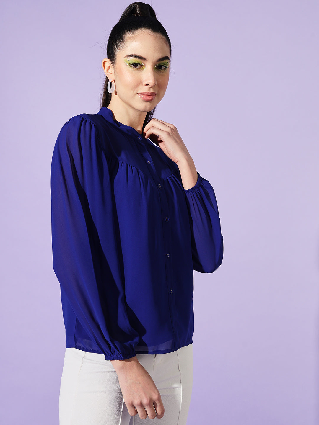 Women Blue Solid Mandarin Collar Shirt Style Top