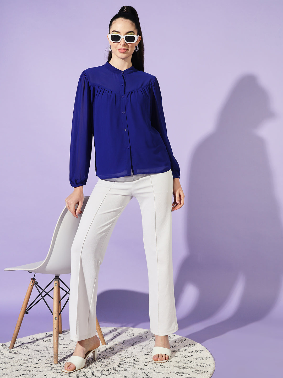 Women Blue Solid Mandarin Collar Shirt Style Top