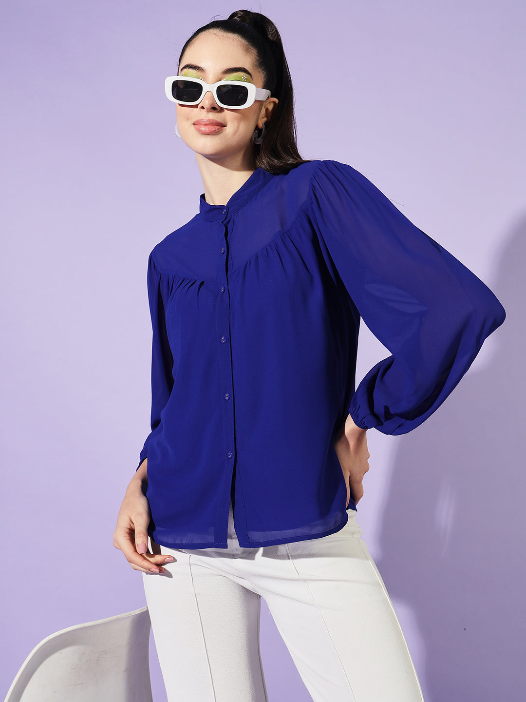 Women Blue Solid Mandarin Collar Shirt Style Top