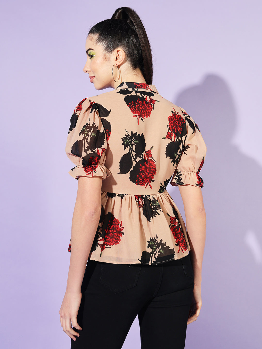 Floral Printed Puff Sleeve Georgette Peplum Top