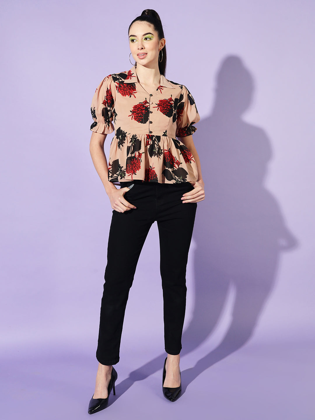 Floral Printed Puff Sleeve Georgette Peplum Top