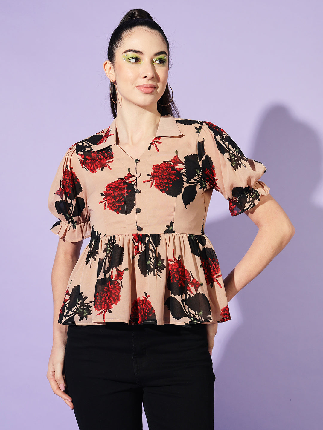 Floral Printed Puff Sleeve Georgette Peplum Top