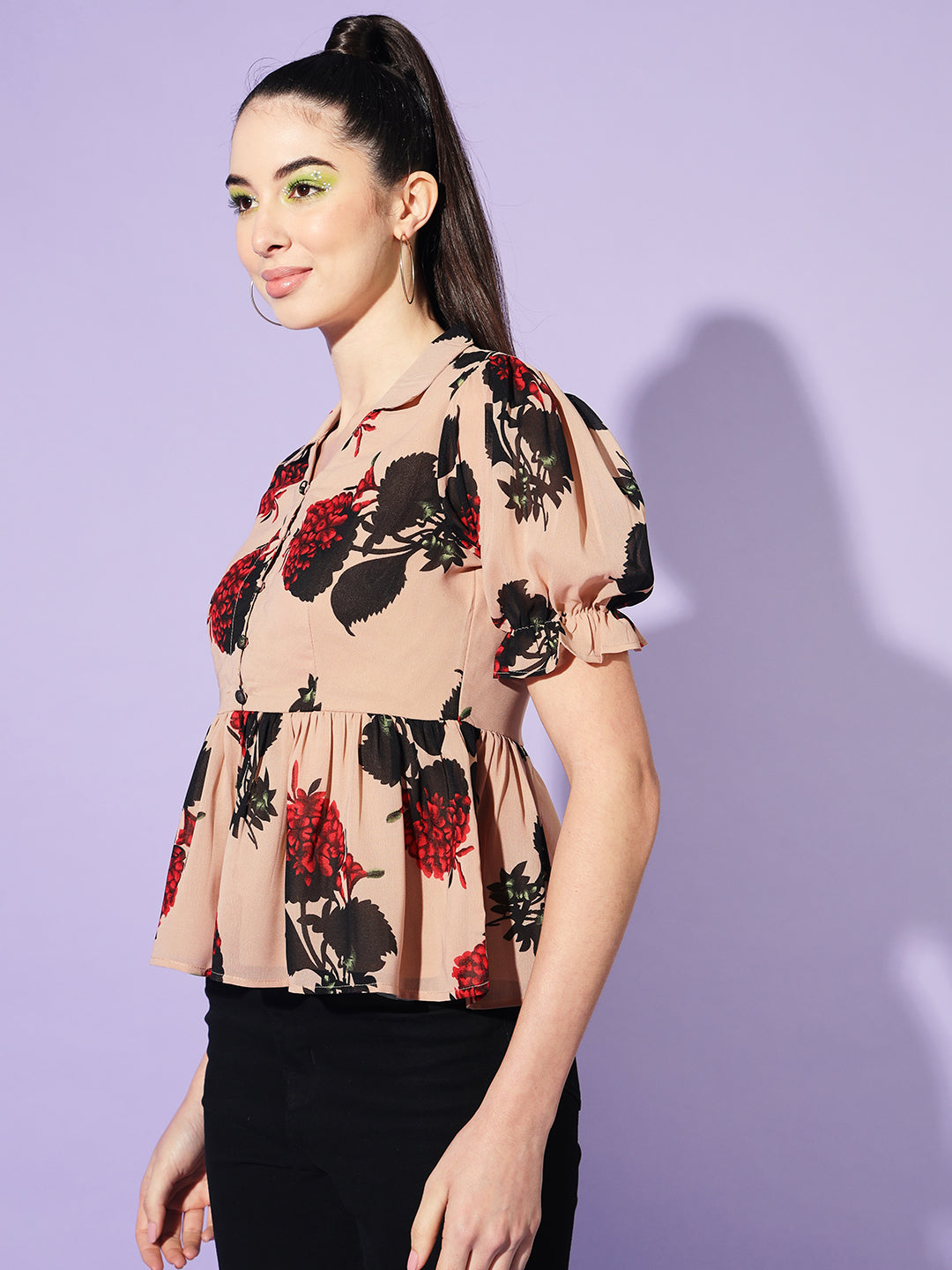 Floral Printed Puff Sleeve Georgette Peplum Top