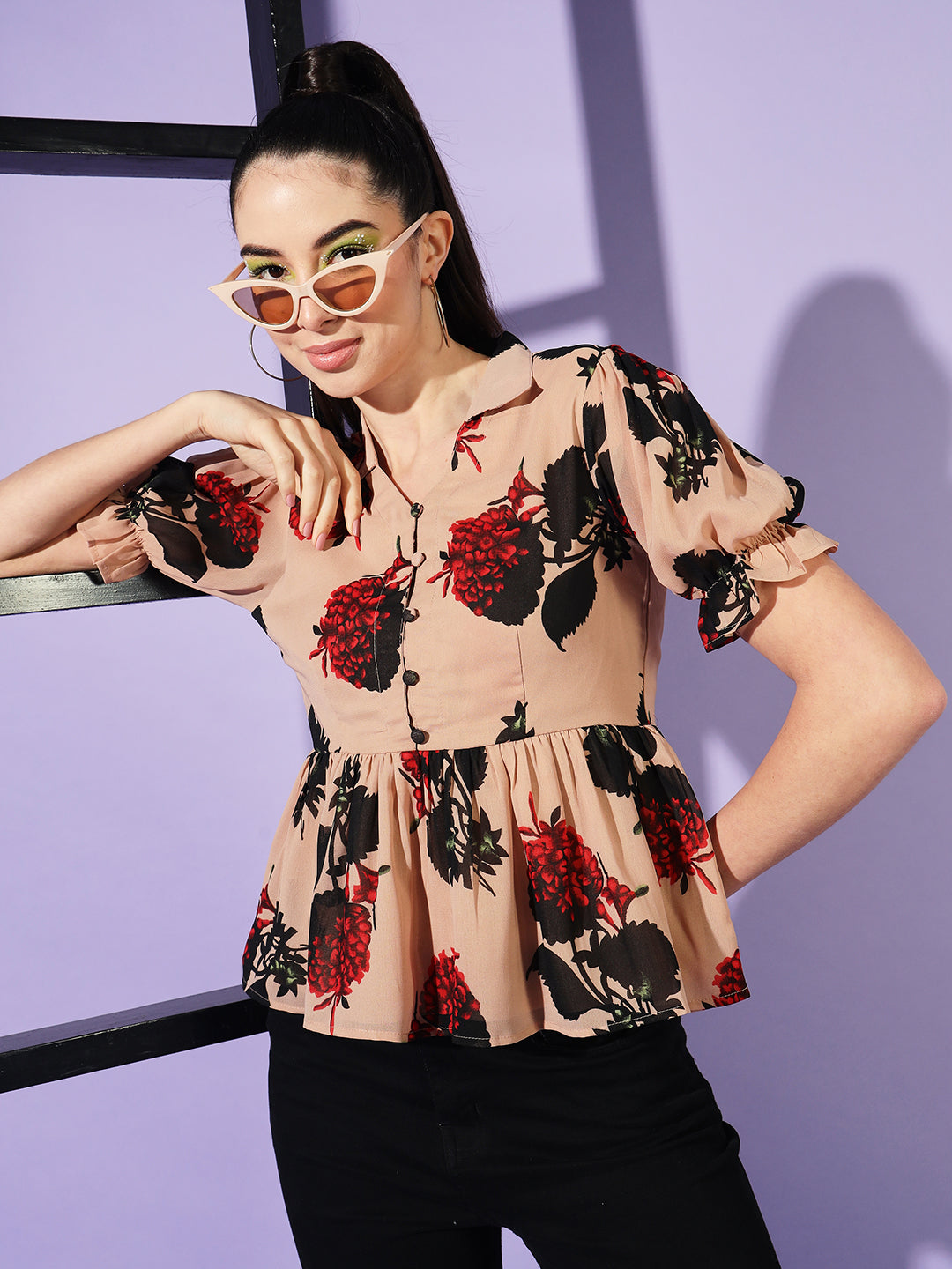 Floral Printed Puff Sleeve Georgette Peplum Top