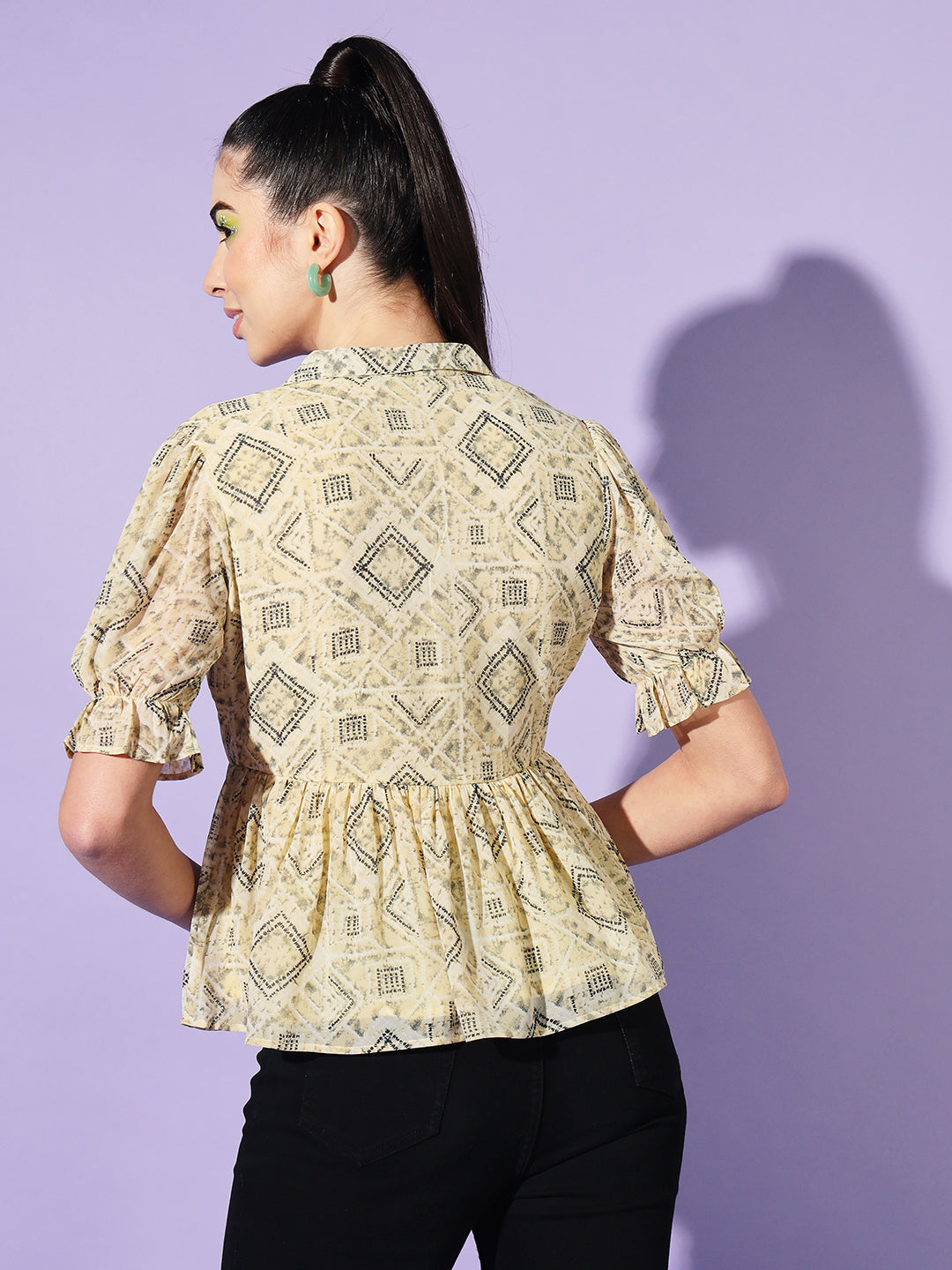 Geometric Printed Puff Sleeve Georgette Peplum Top