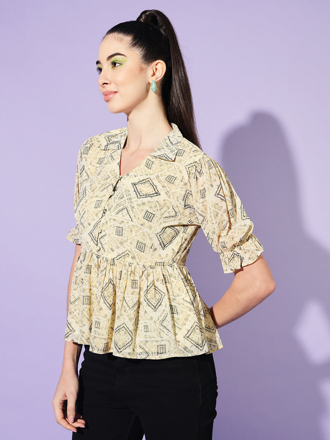 Geometric Printed Puff Sleeve Georgette Peplum Top