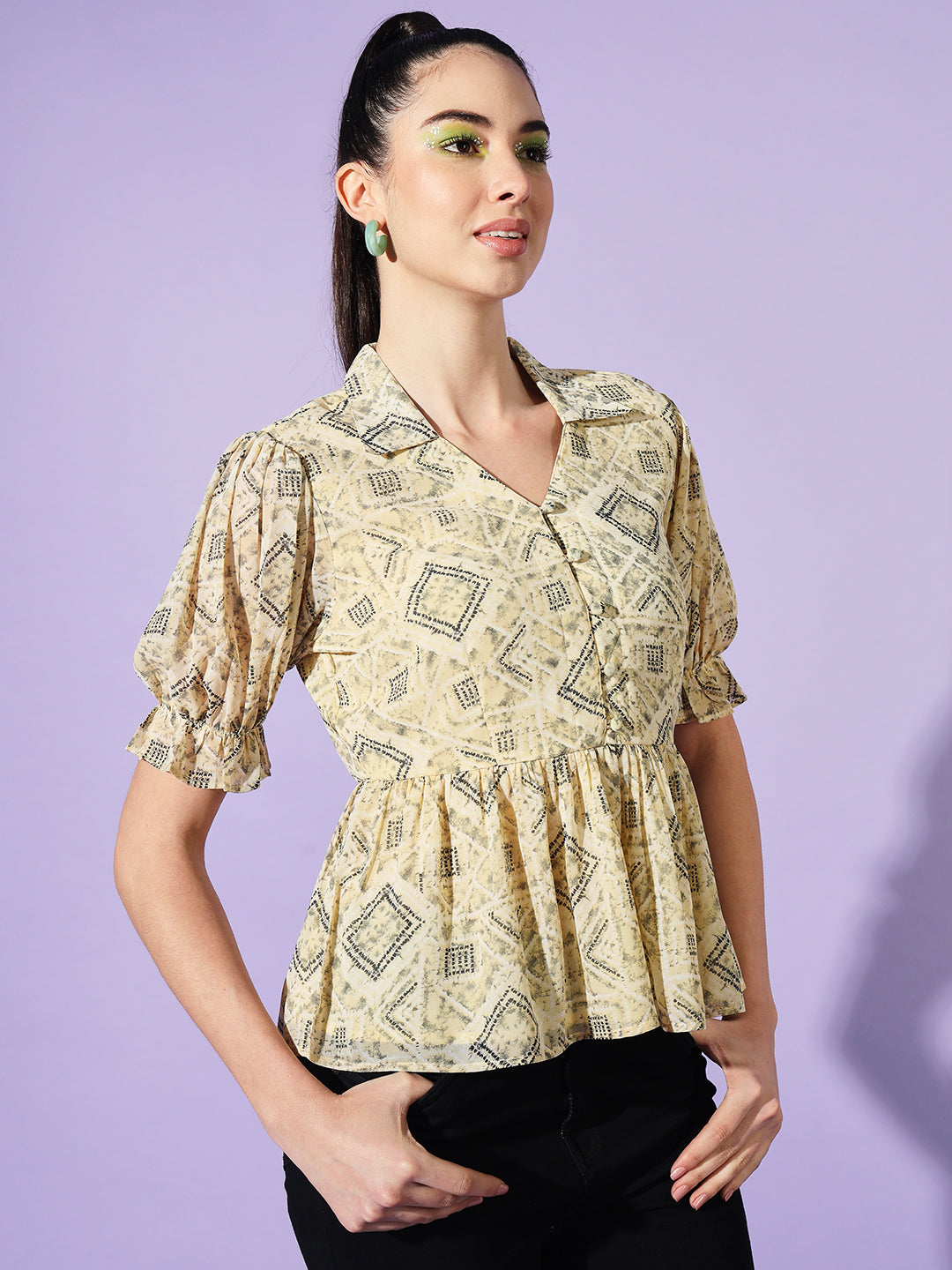 Geometric Printed Puff Sleeve Georgette Peplum Top