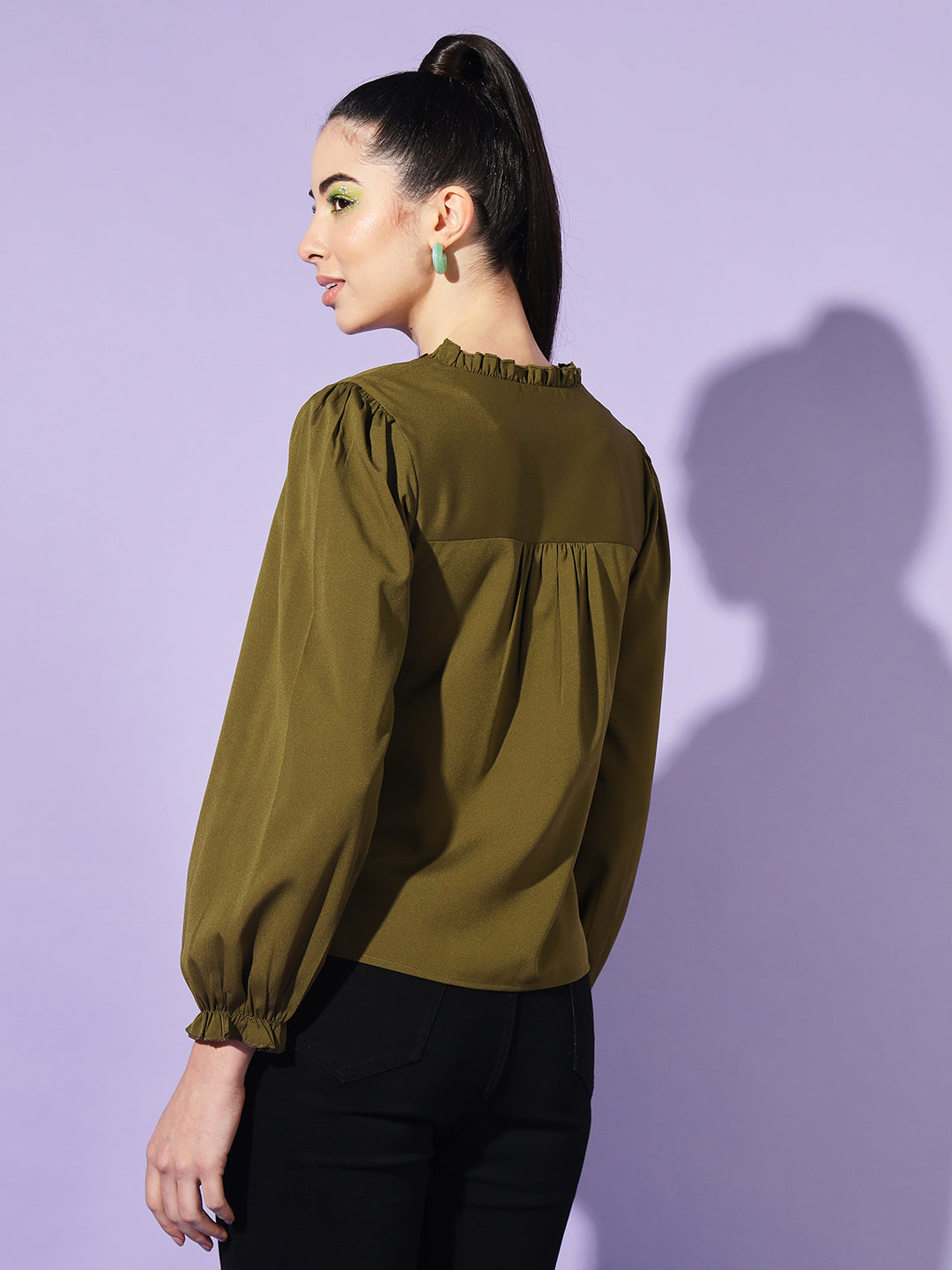 Women Olive Solid Puff Sleeves Shirt Style Top