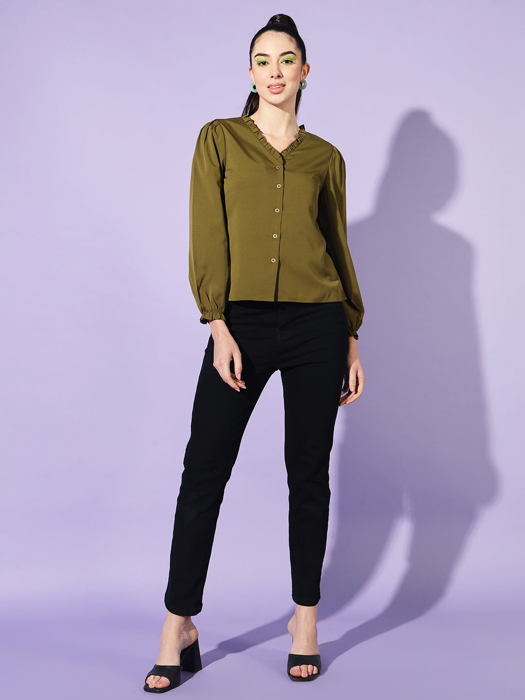 Women Olive Solid Puff Sleeves Shirt Style Top