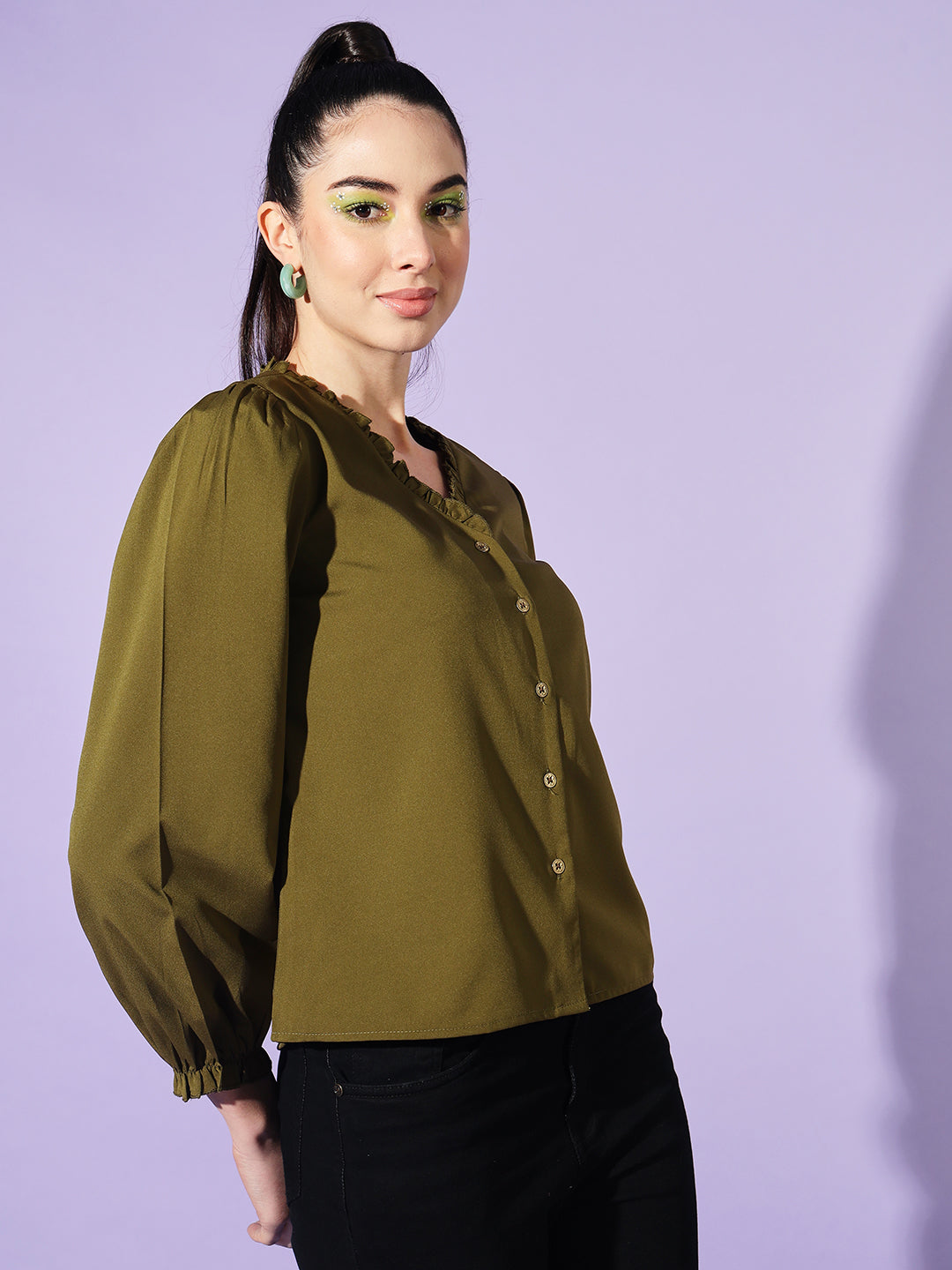 Women Olive Solid Puff Sleeves Shirt Style Top