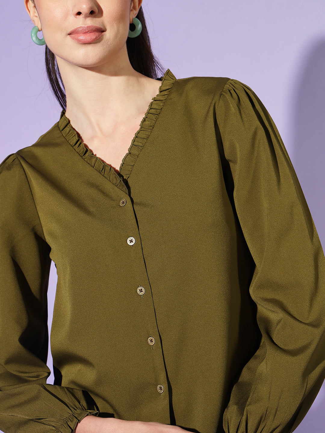 Women Olive Solid Puff Sleeves Shirt Style Top