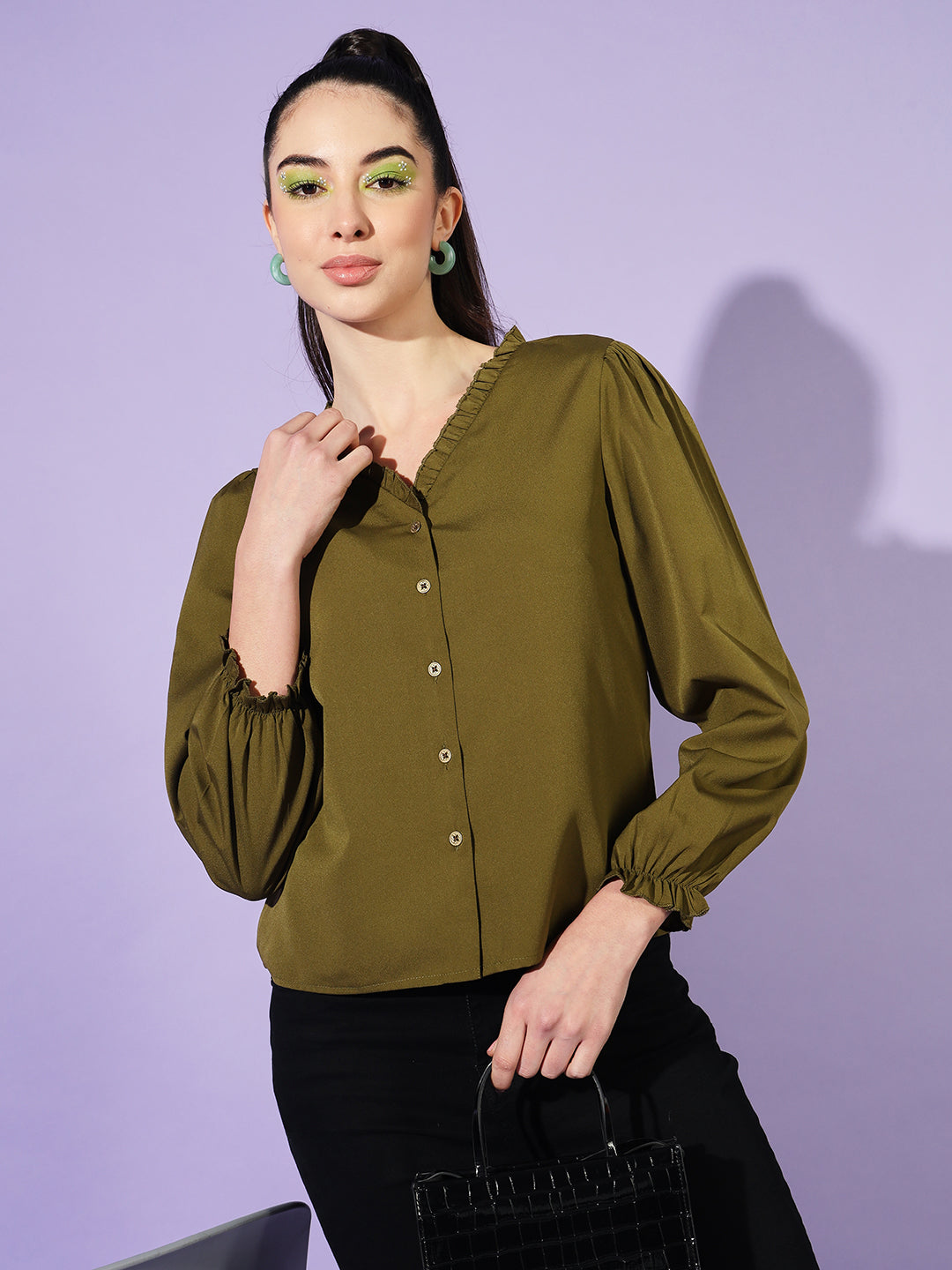 Women Olive Solid Puff Sleeves Shirt Style Top