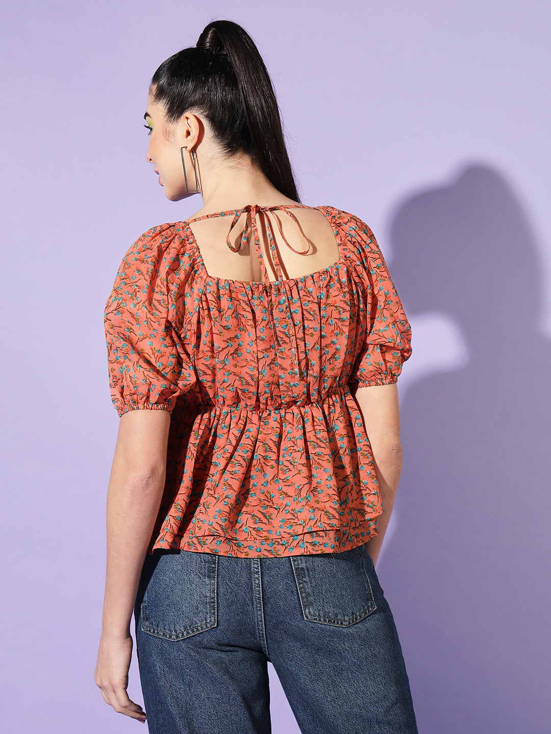 Floral Printed Puff Sleeve Georgette Top