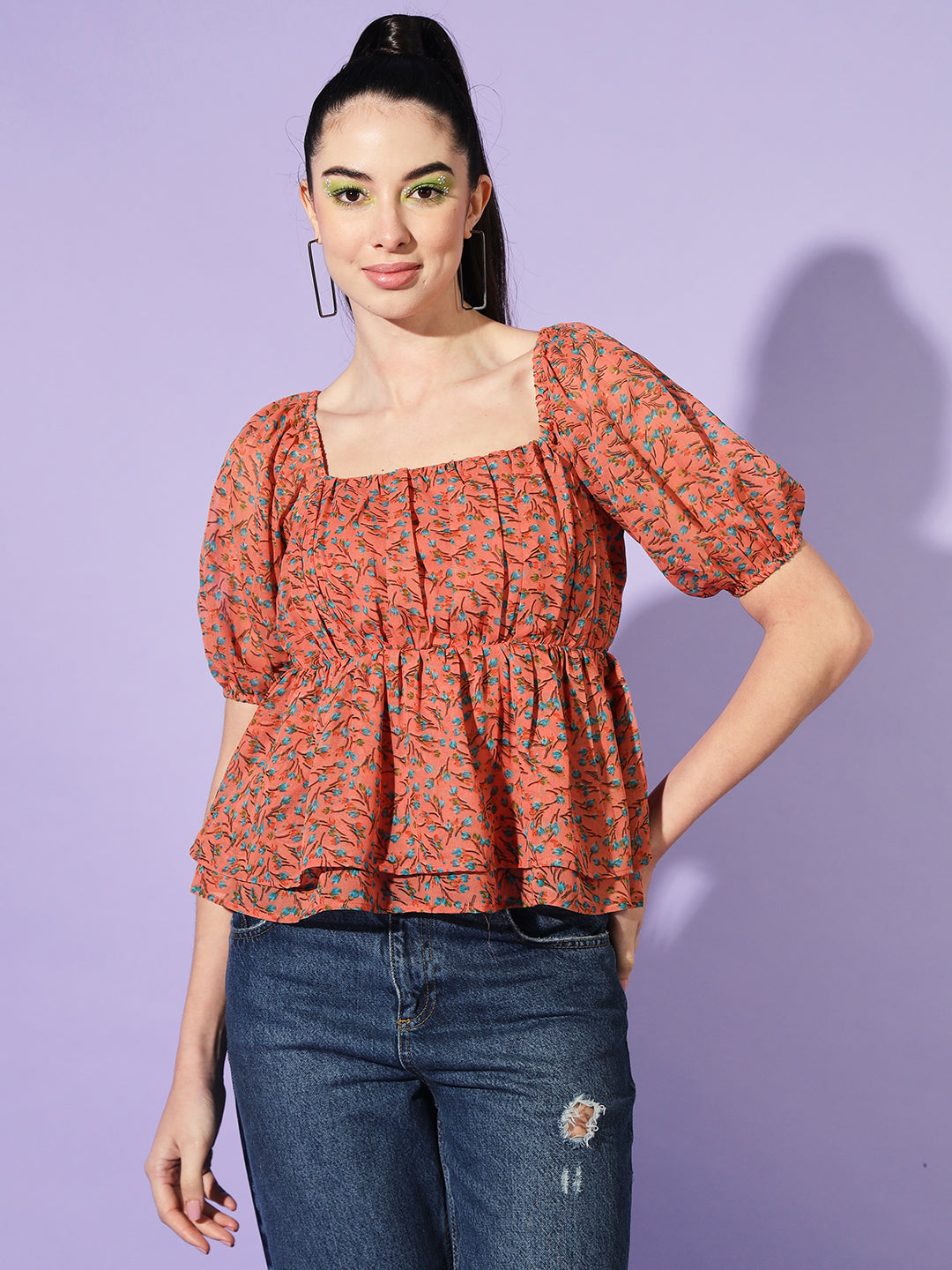 Floral Printed Puff Sleeve Georgette Top