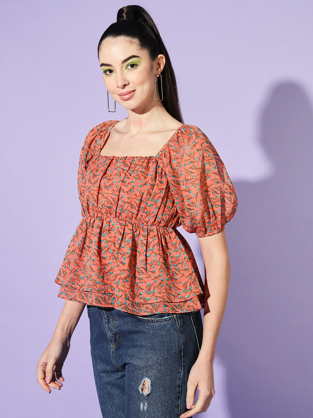 Floral Printed Puff Sleeve Georgette Top