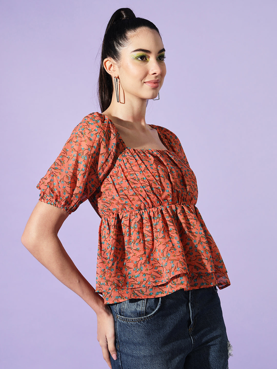 Floral Printed Puff Sleeve Georgette Top